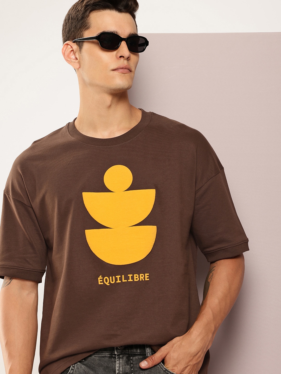 DILLINGER Men Printed Drop-Shoulder Sleeves Terry Cotton T-shirt, Brown