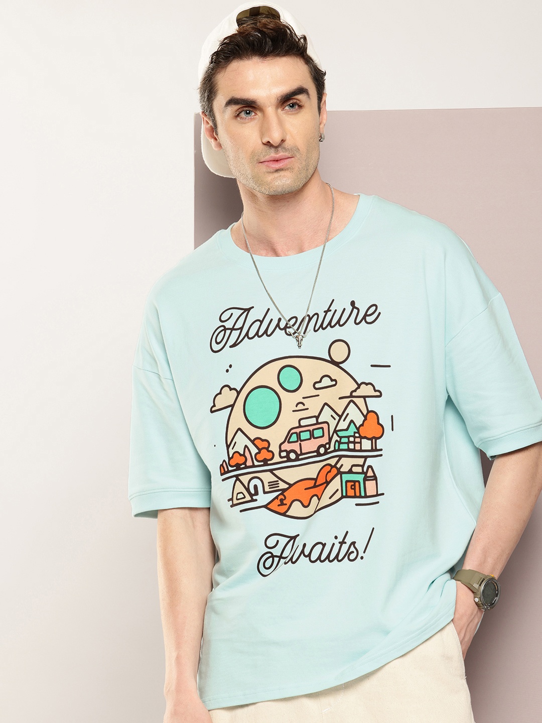 

DILLINGER Men Printed Drop-Shoulder Sleeves Oversized Pure Cotton T-shirt, Turquoise blue