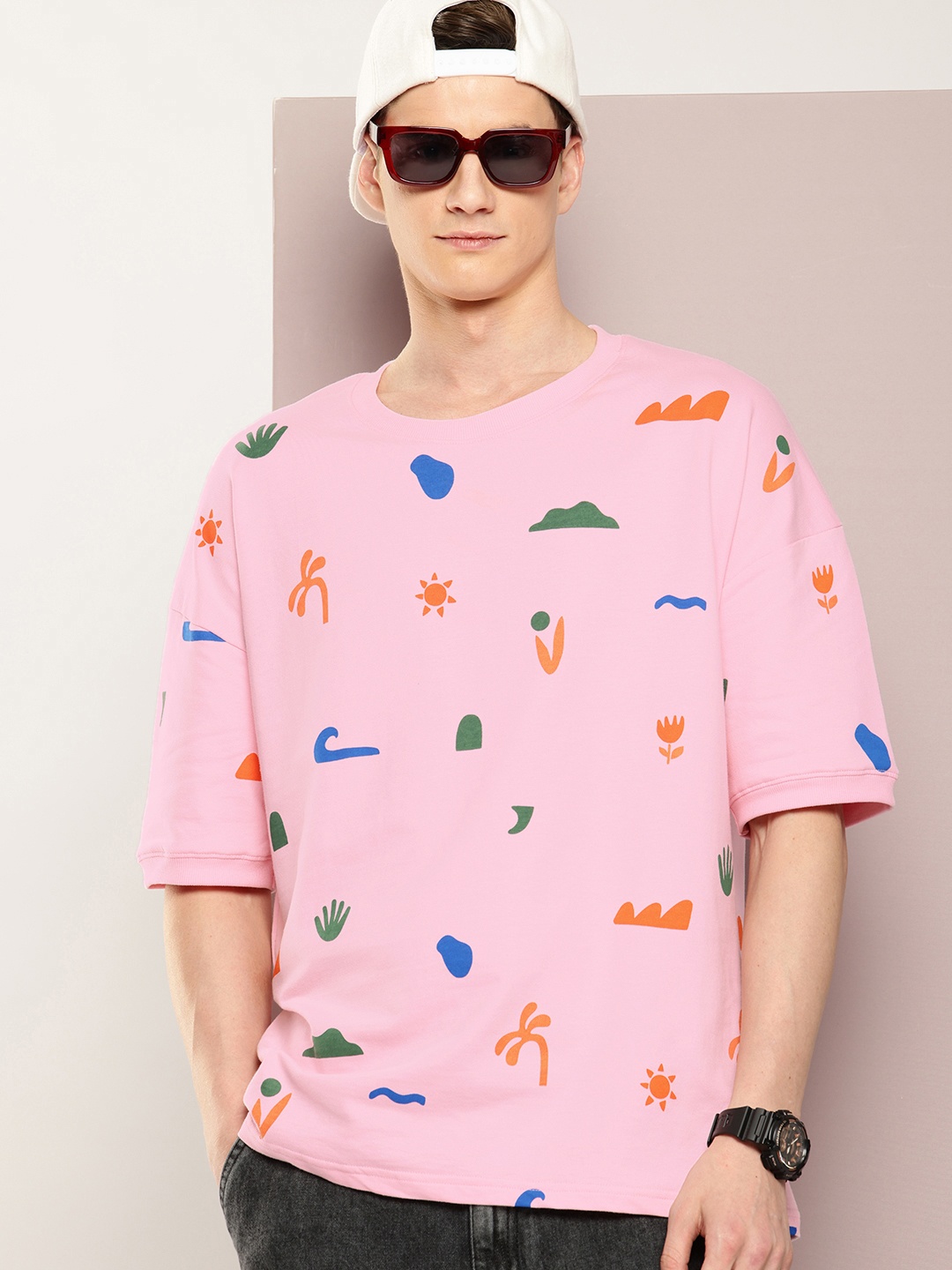 

DILLINGER Men Printed Drop-Shoulder Sleeves Oversized Pure Cotton T-shirt, Pink