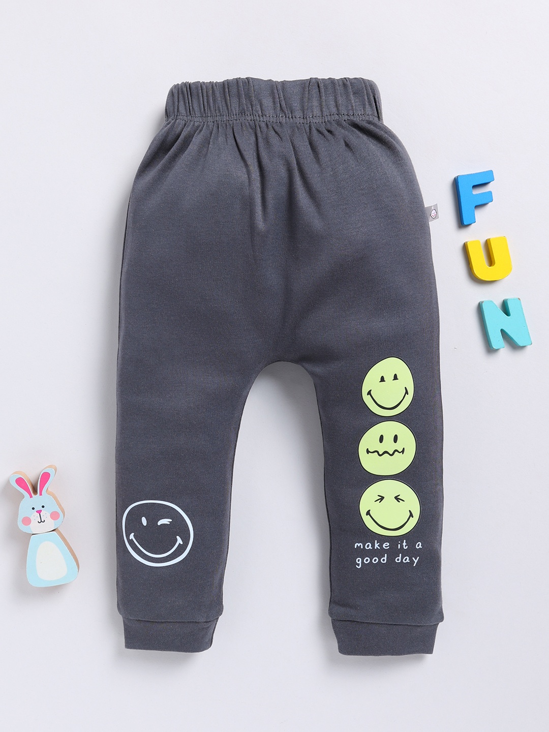 

Infants Stylish Infant Girls Smiley Printed Pure Cotton Joggers, Grey