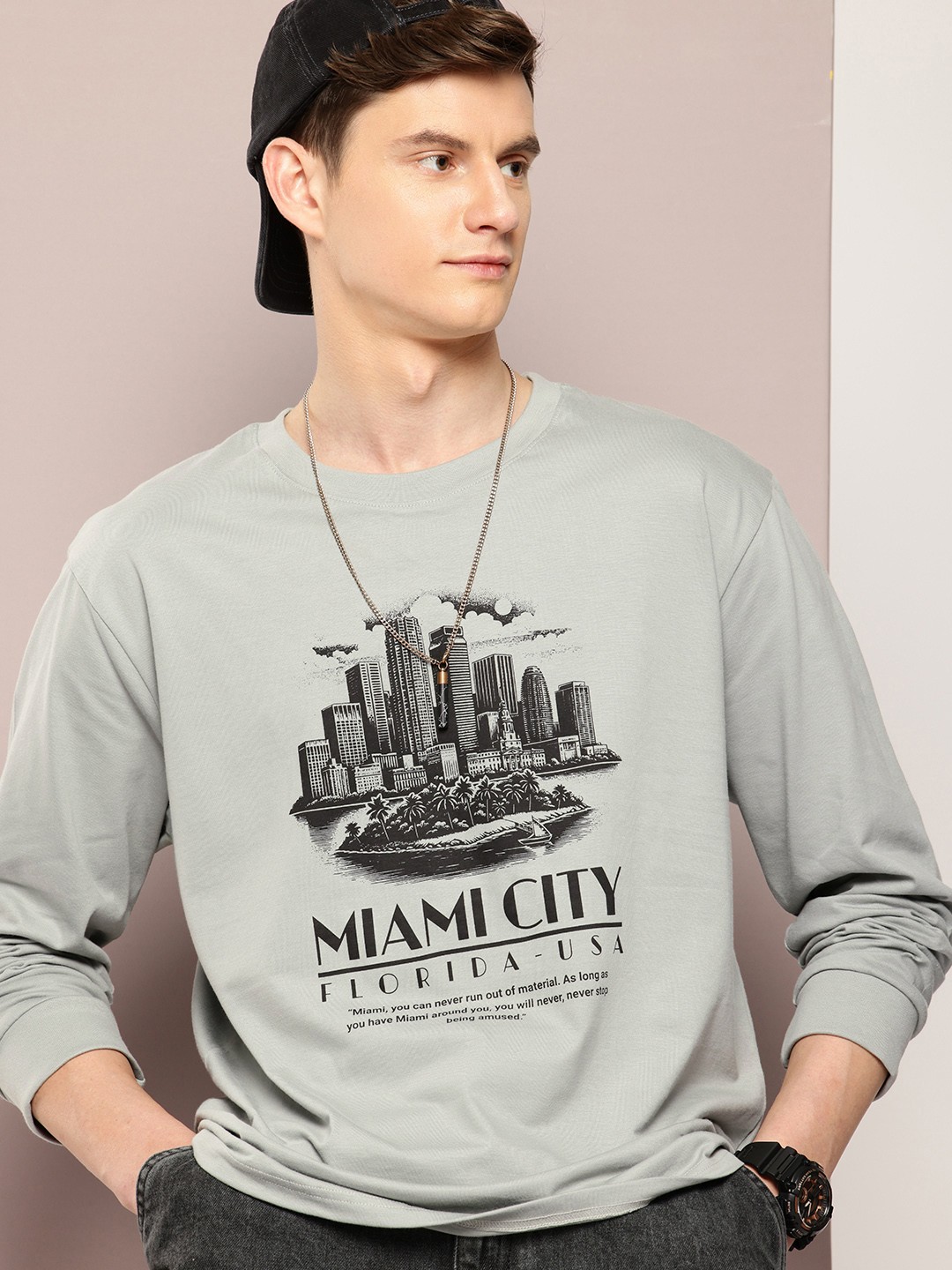 

DILLINGER Men Printed Oversized Pure Cotton T-shirt, Grey