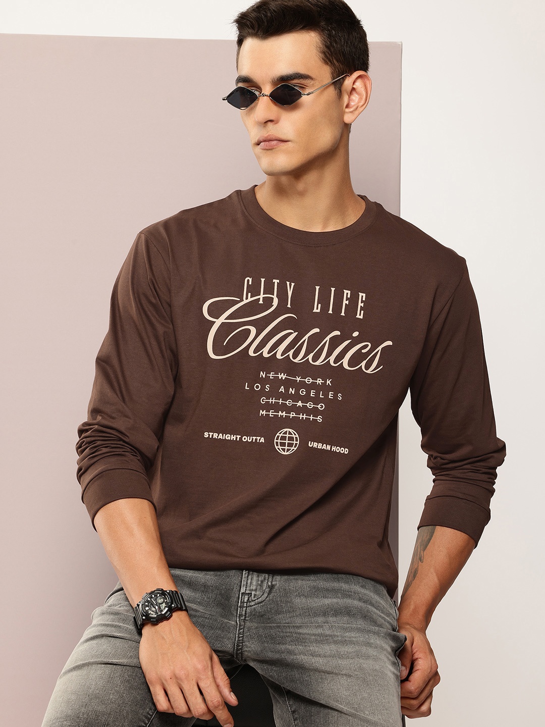 

DILLINGER Men Typography Printed Oversized Pure Cotton T-shirt, Brown