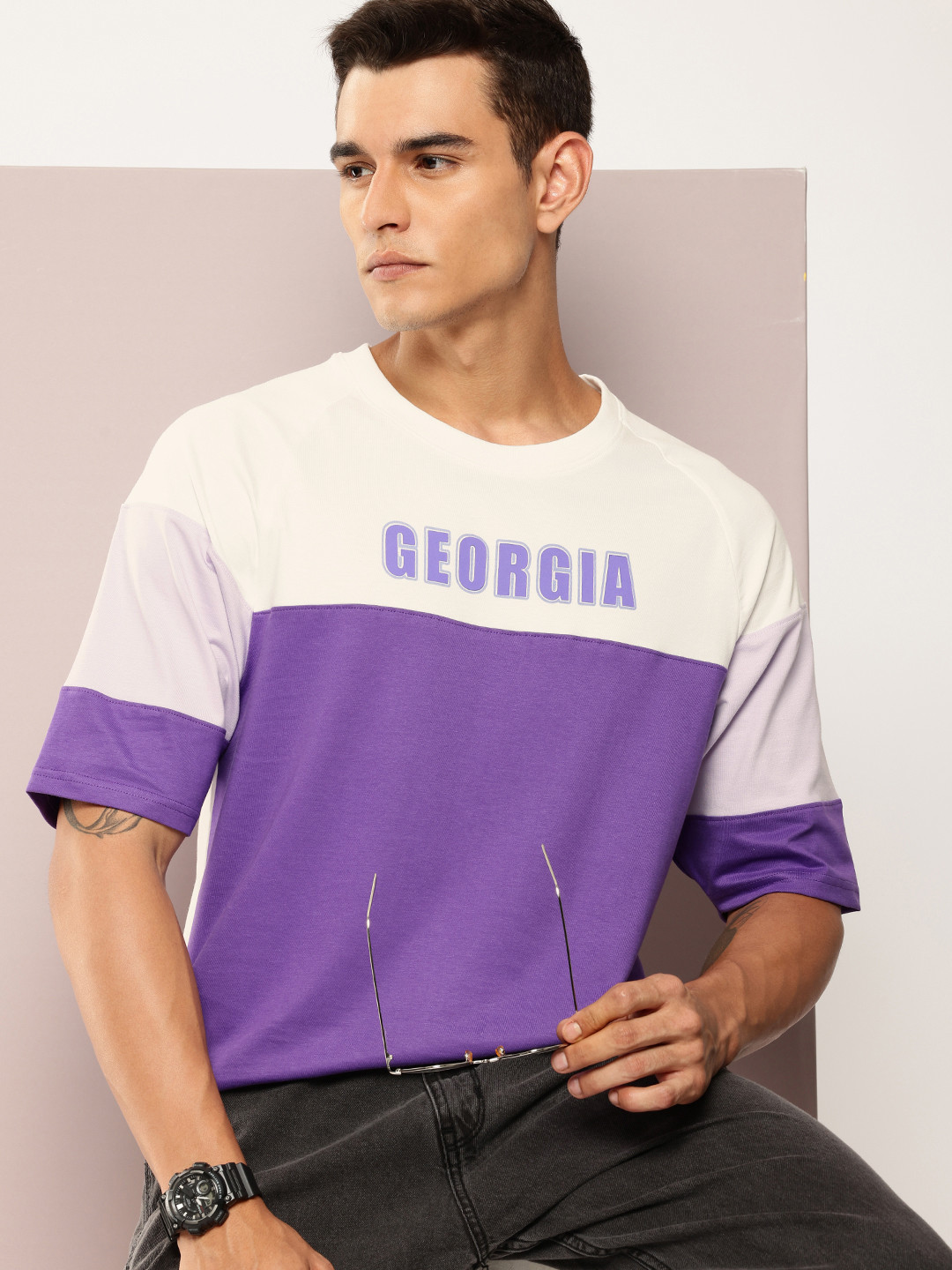 

DILLINGER Men Colourblocked Oversized Pure Cotton T-shirt, Violet