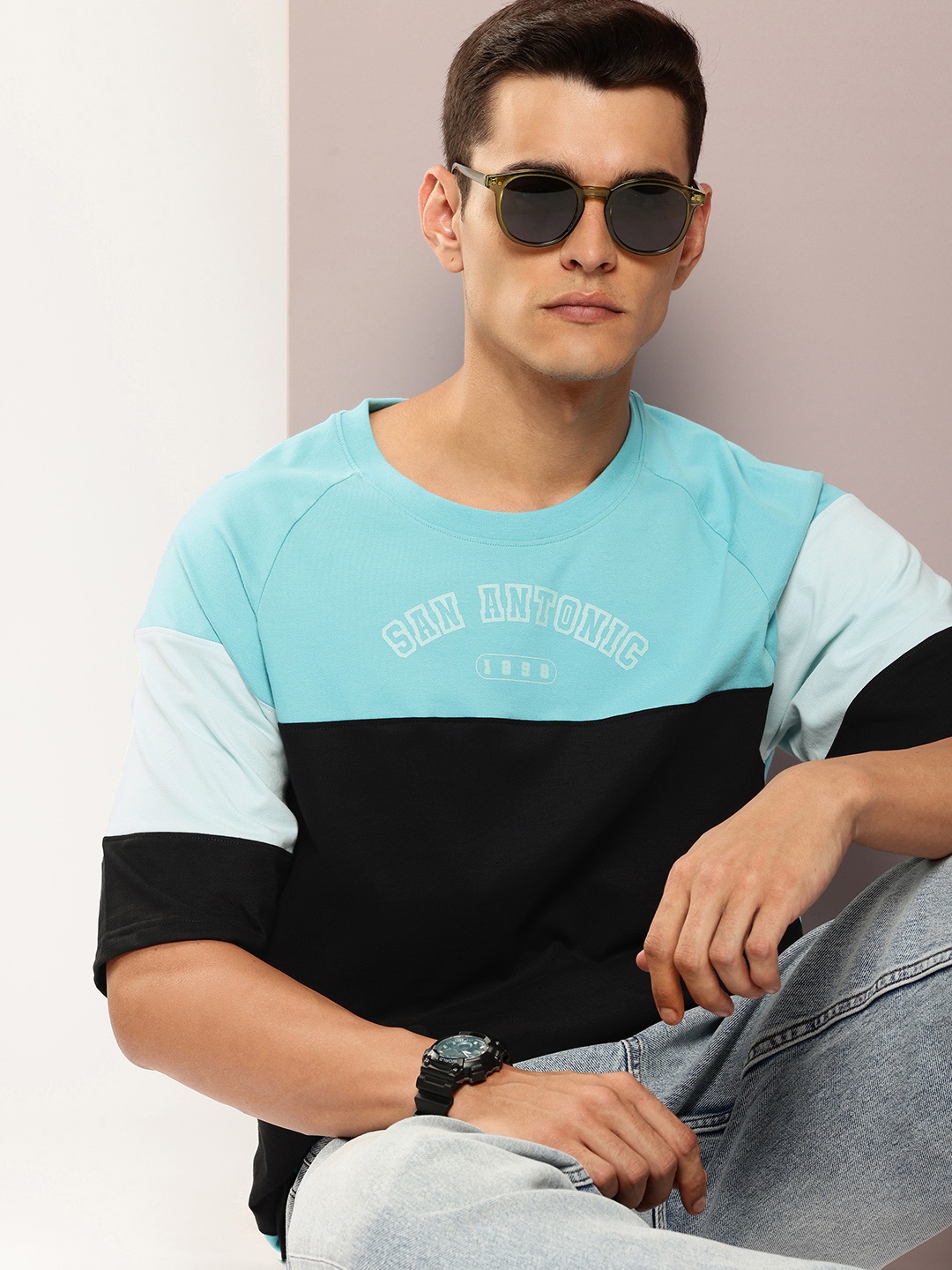 

DILLINGER Men Colourblocked Oversized Pure Cotton T-shirt, Black