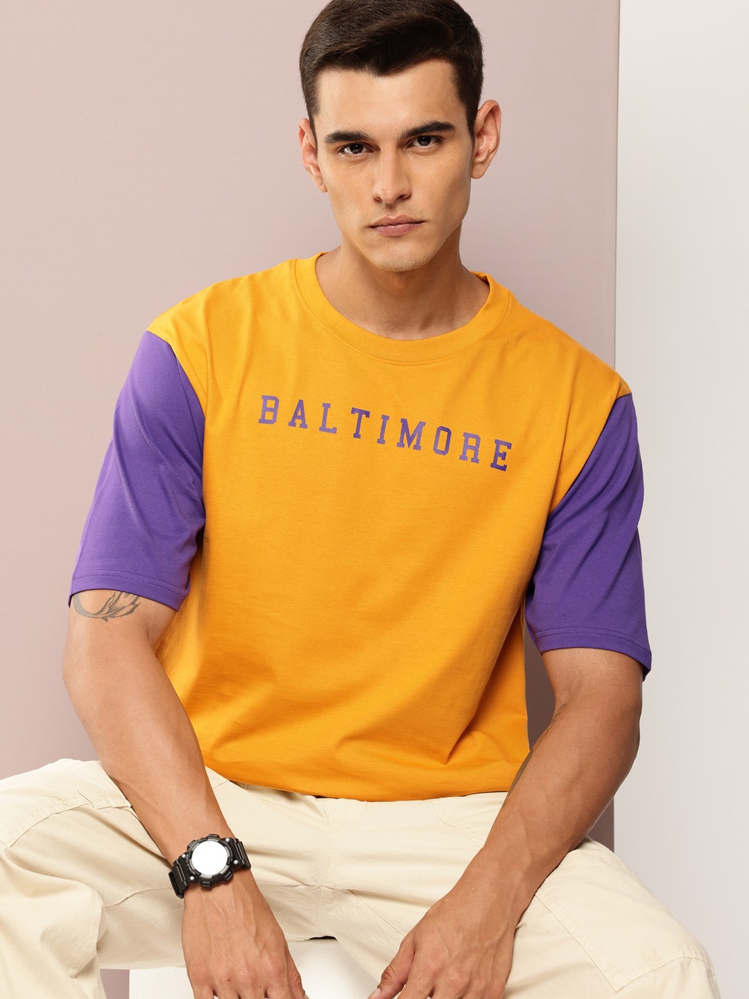 

DILLINGER Men Colourblocked Oversized Pure Cotton T-shirt, Mustard