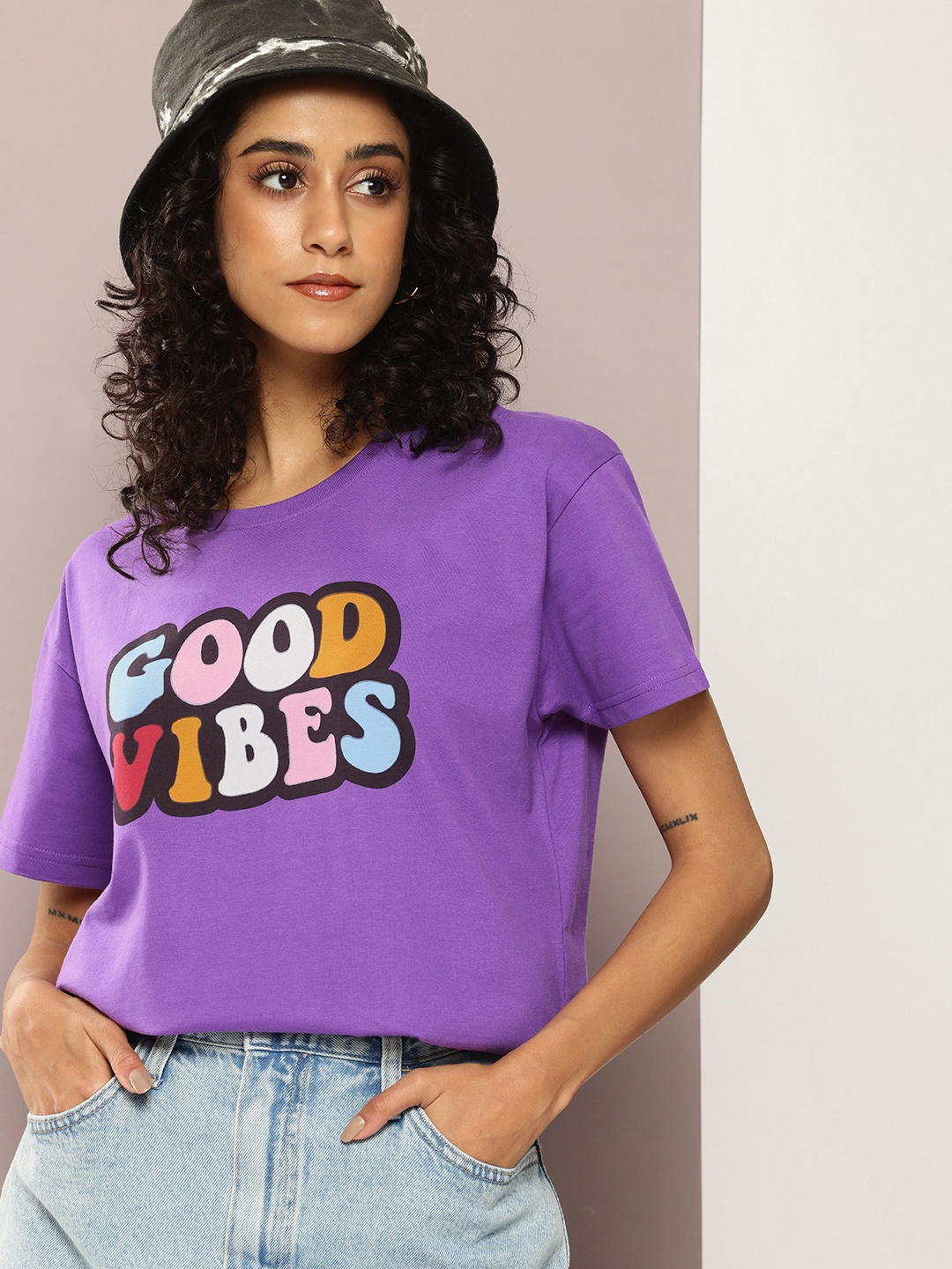 

DILLINGER Women Typography Printed Pure Cotton Boxy T-shirt, Violet