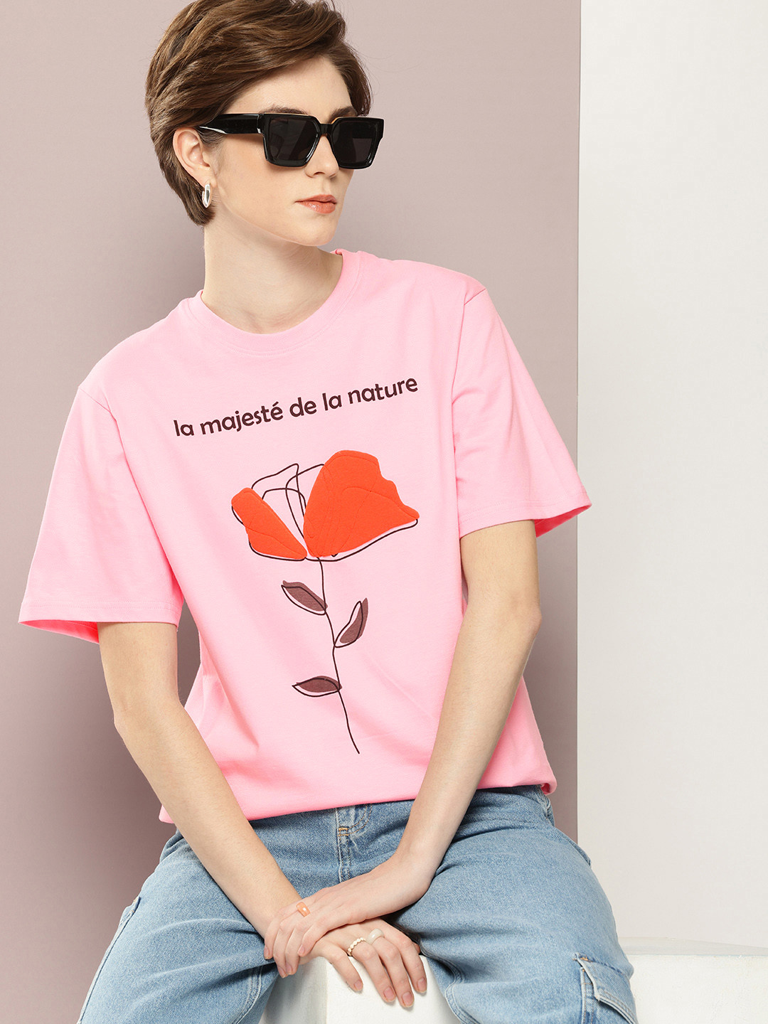

DILLINGER Printed Oversized Pure Cotton T-shirt, Pink