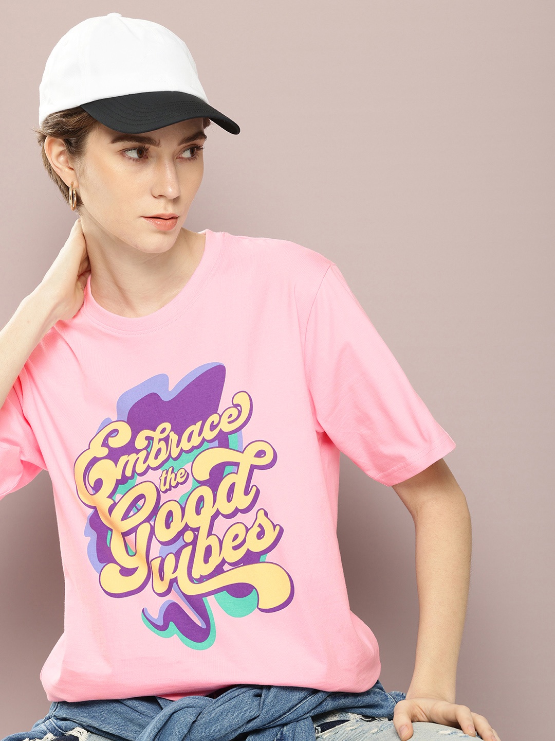 

DILLINGER Typography Printed Oversized Pure Cotton T-shirt, Pink