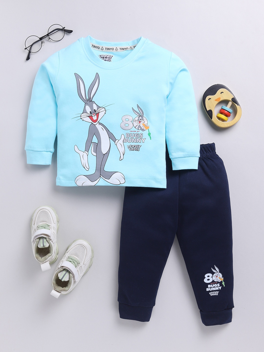 

YK X Tinyo Boys Bugs Bunny Printed Pure Cotton T-shirt and Joggers, Blue