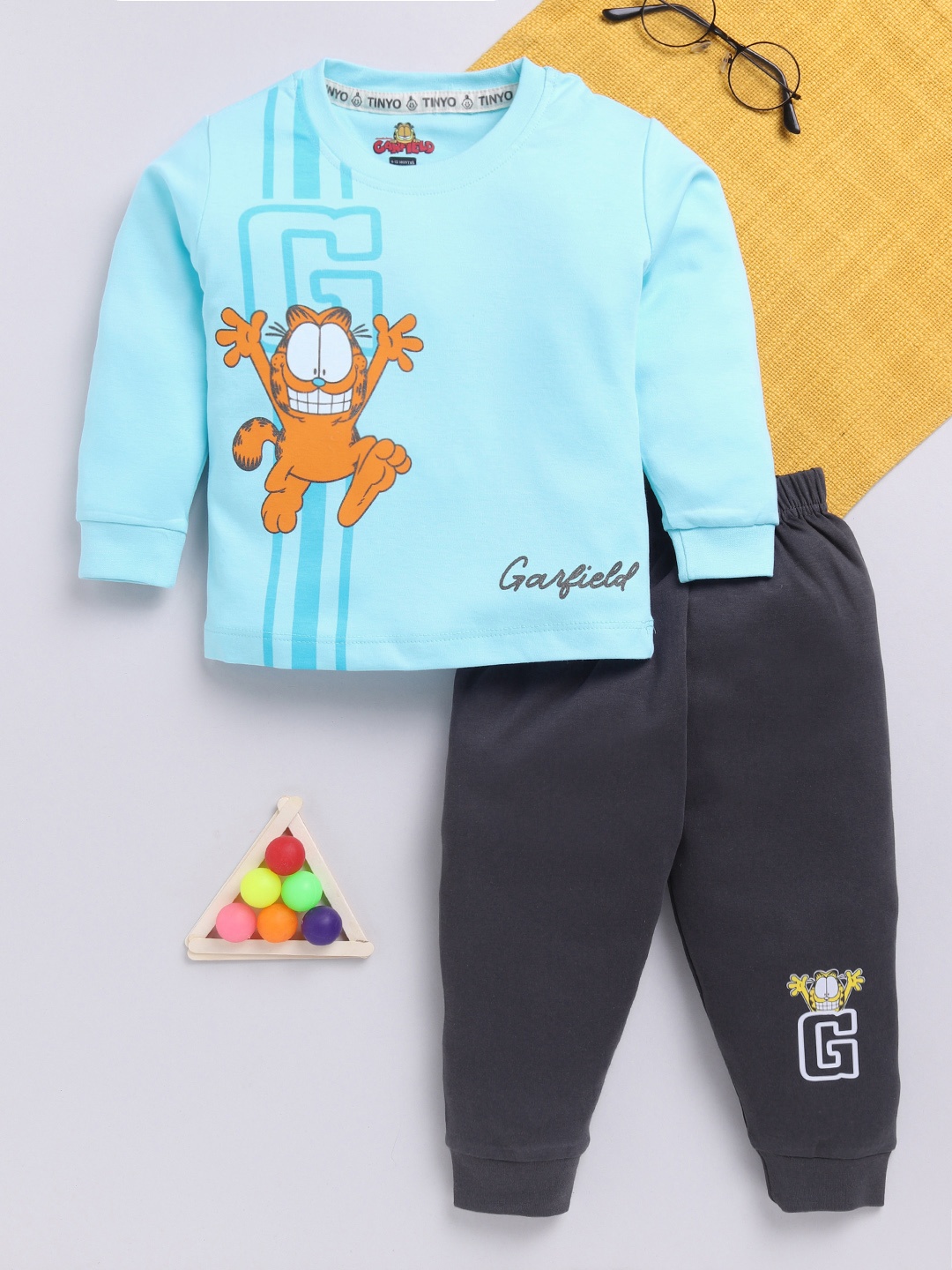 

YK X Tinyo Infant Boys Garfield Printed Pure Cotton T-shirt with Joggers, Blue