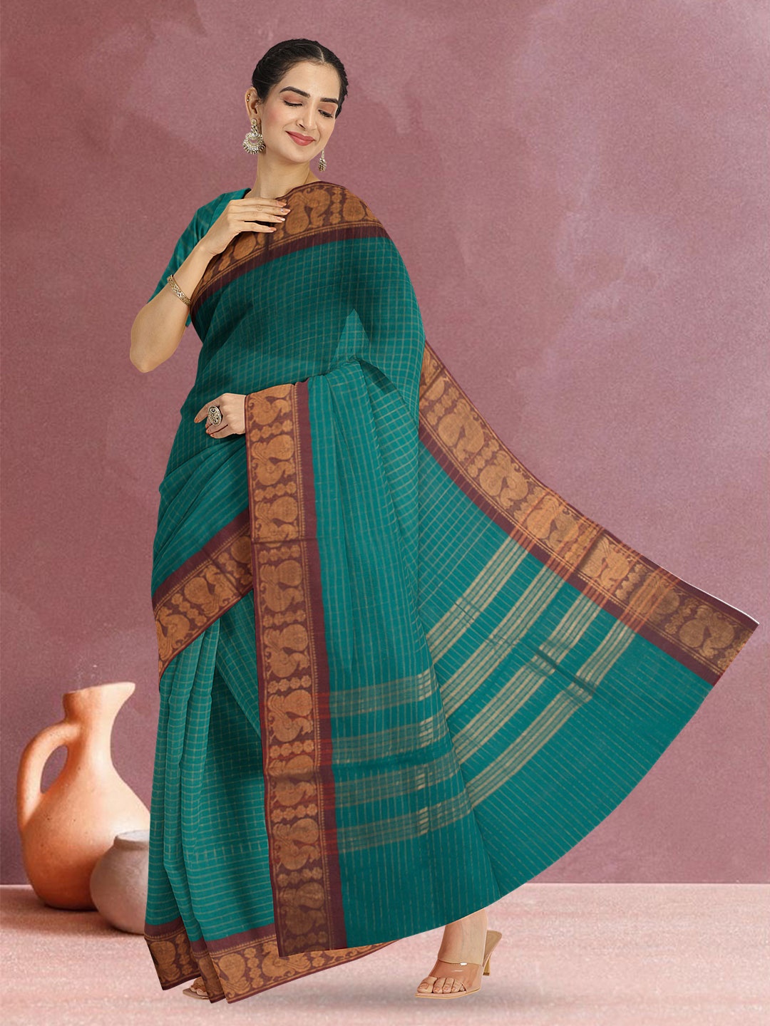 

Avishya Woven Design Pure Cotton Kanjeevaram Saree, Green