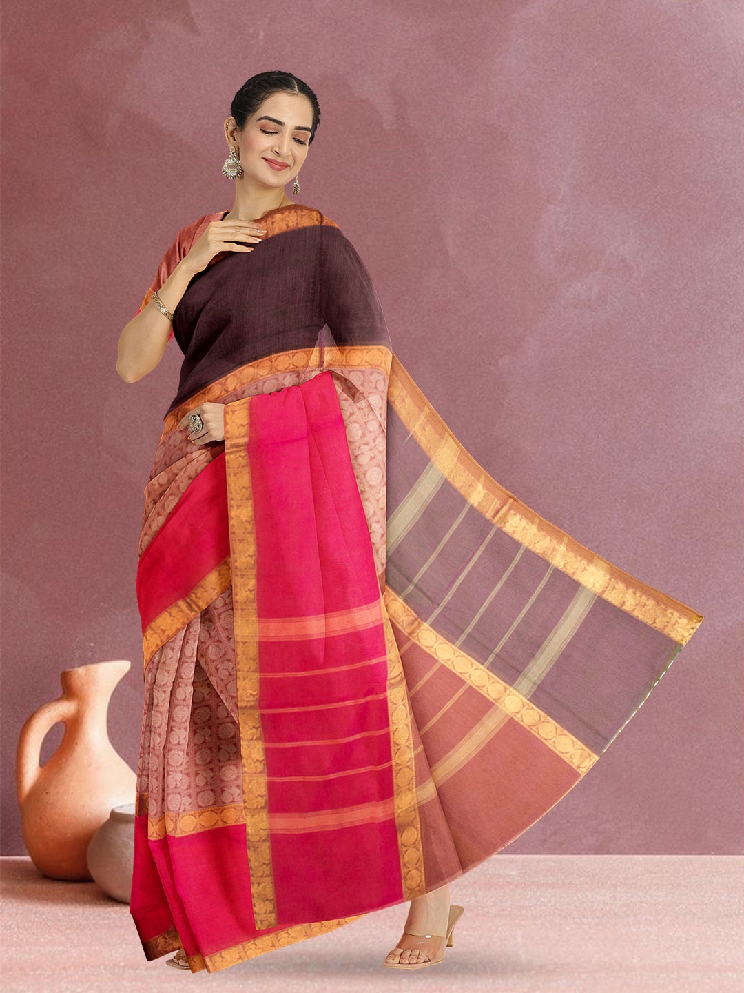 

Avishya Woven Design Zari Pure Cotton Kanjeevaram Saree, Brown