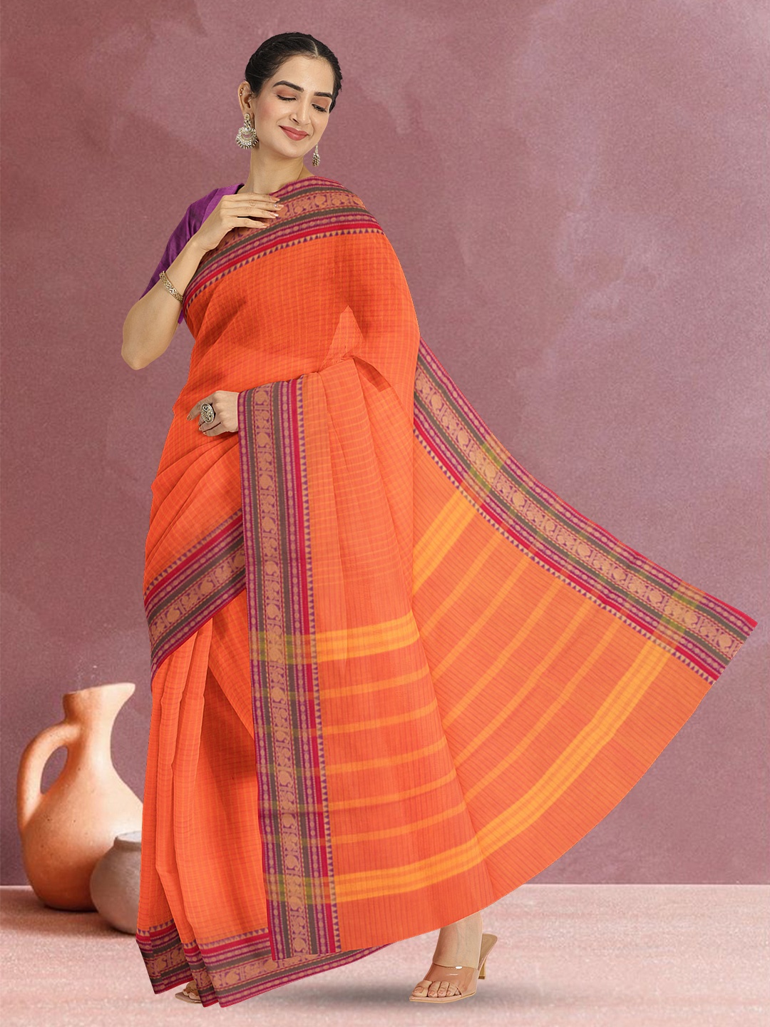 

Avishya Woven Design Zari Pure Cotton Kanjeevaram Saree, Orange