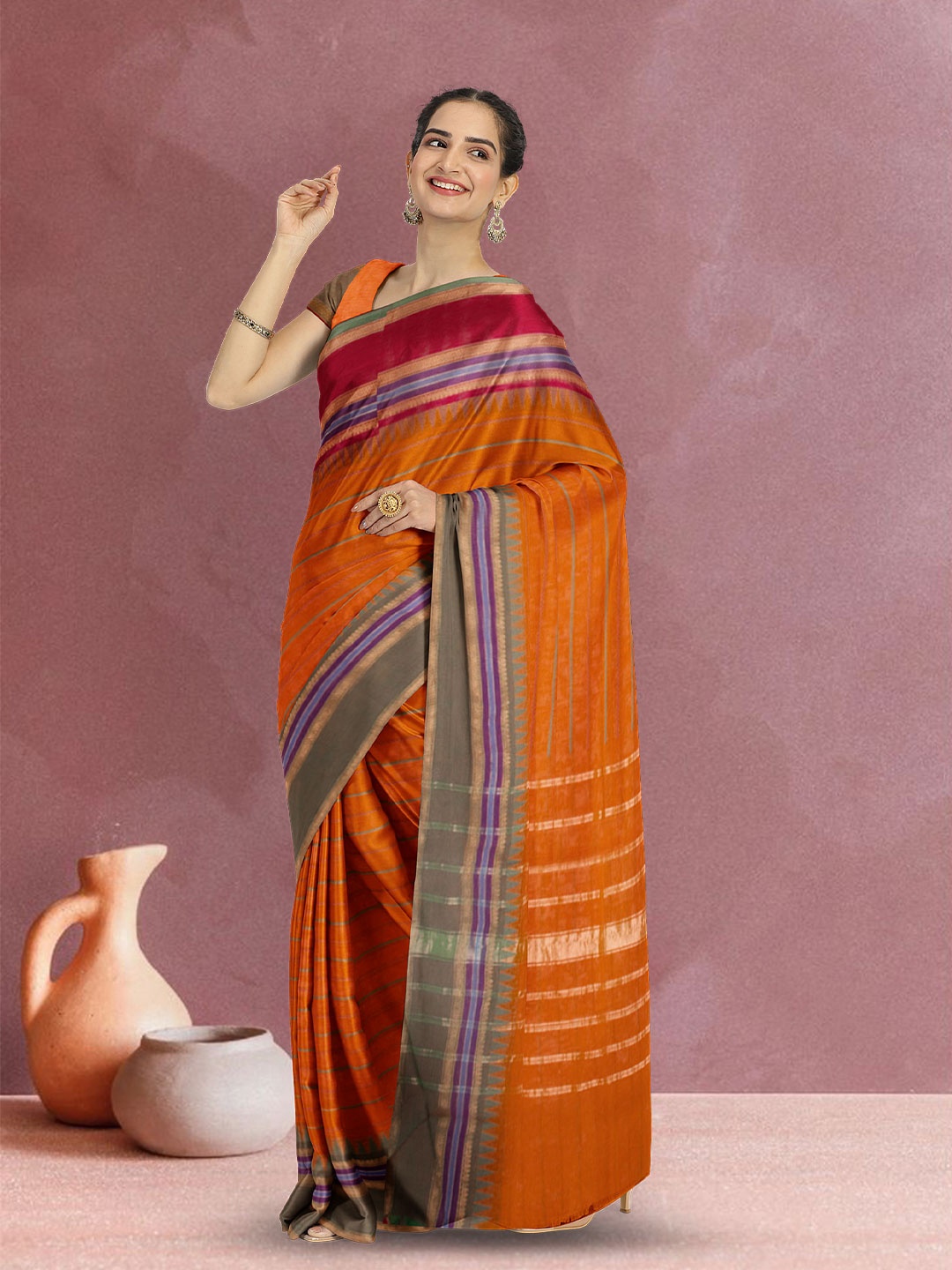 

Avishya Woven Design Zari Pure Cotton Kanjeevaram Saree, Orange