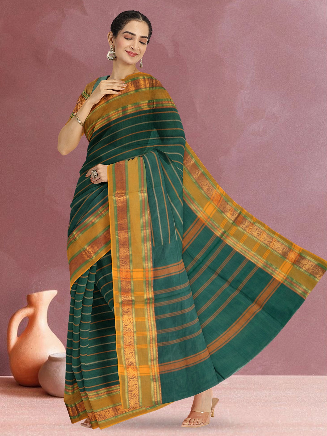 

Avishya Woven Design Zari Pure Cotton Kanjeevaram Saree, Green