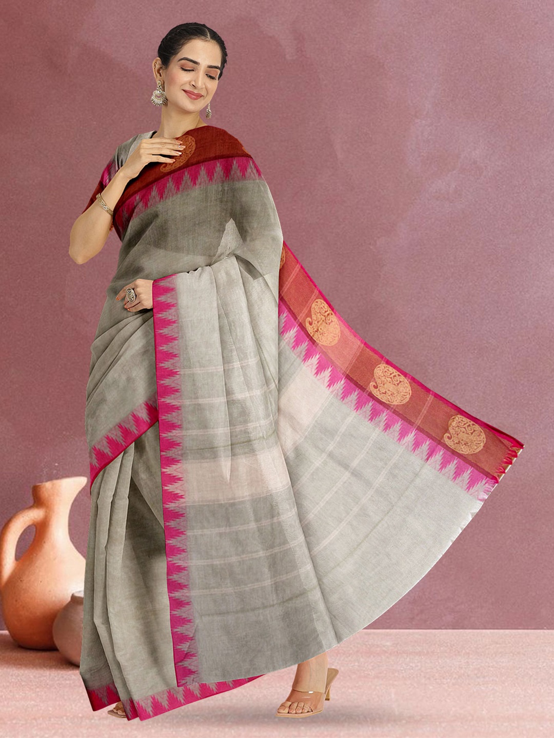 

Avishya Woven Design Zari Pure Cotton Kanjeevaram Saree, Grey