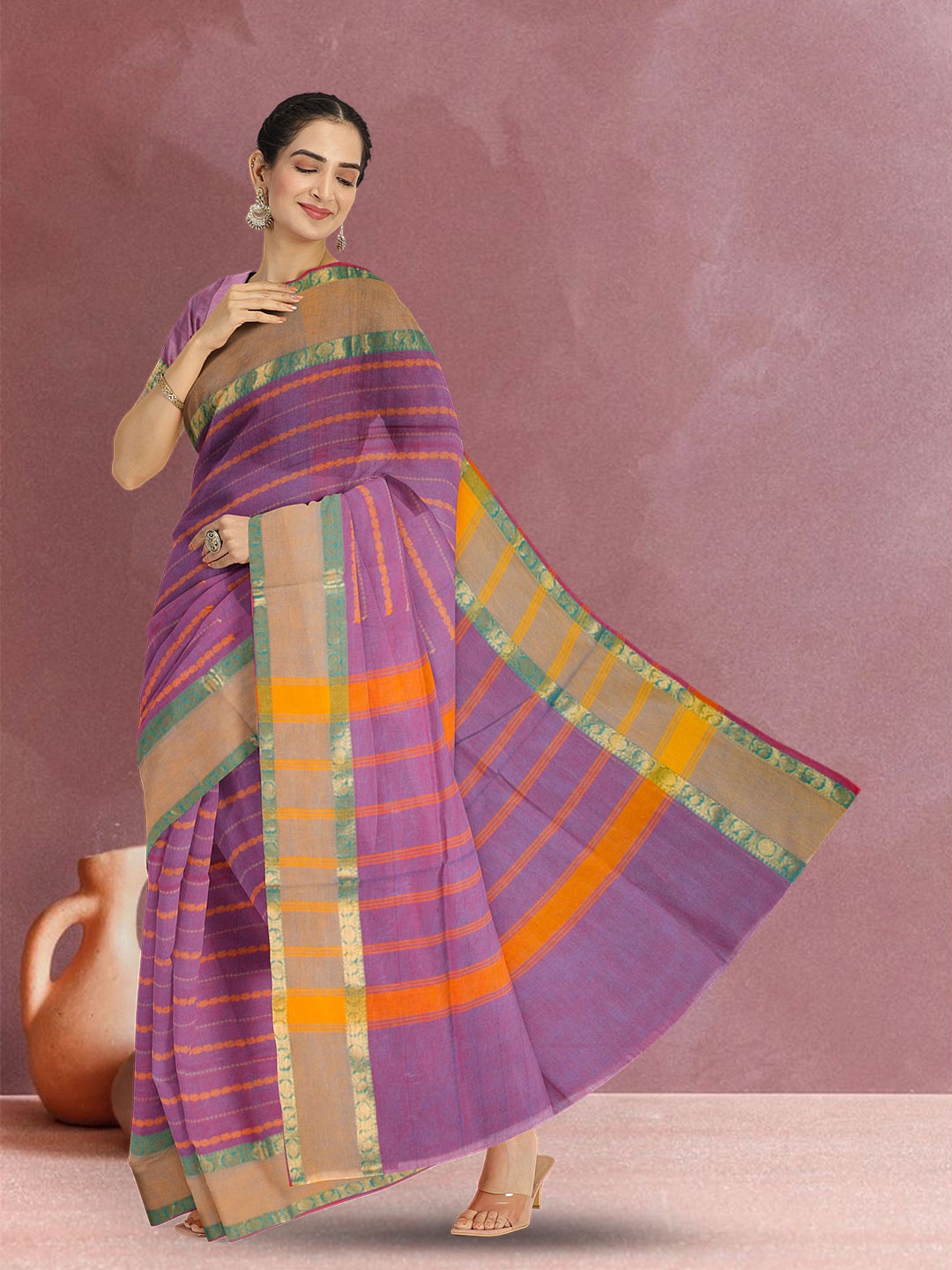 

Avishya Striped Pure Cotton Kanjeevaram Saree, Lavender