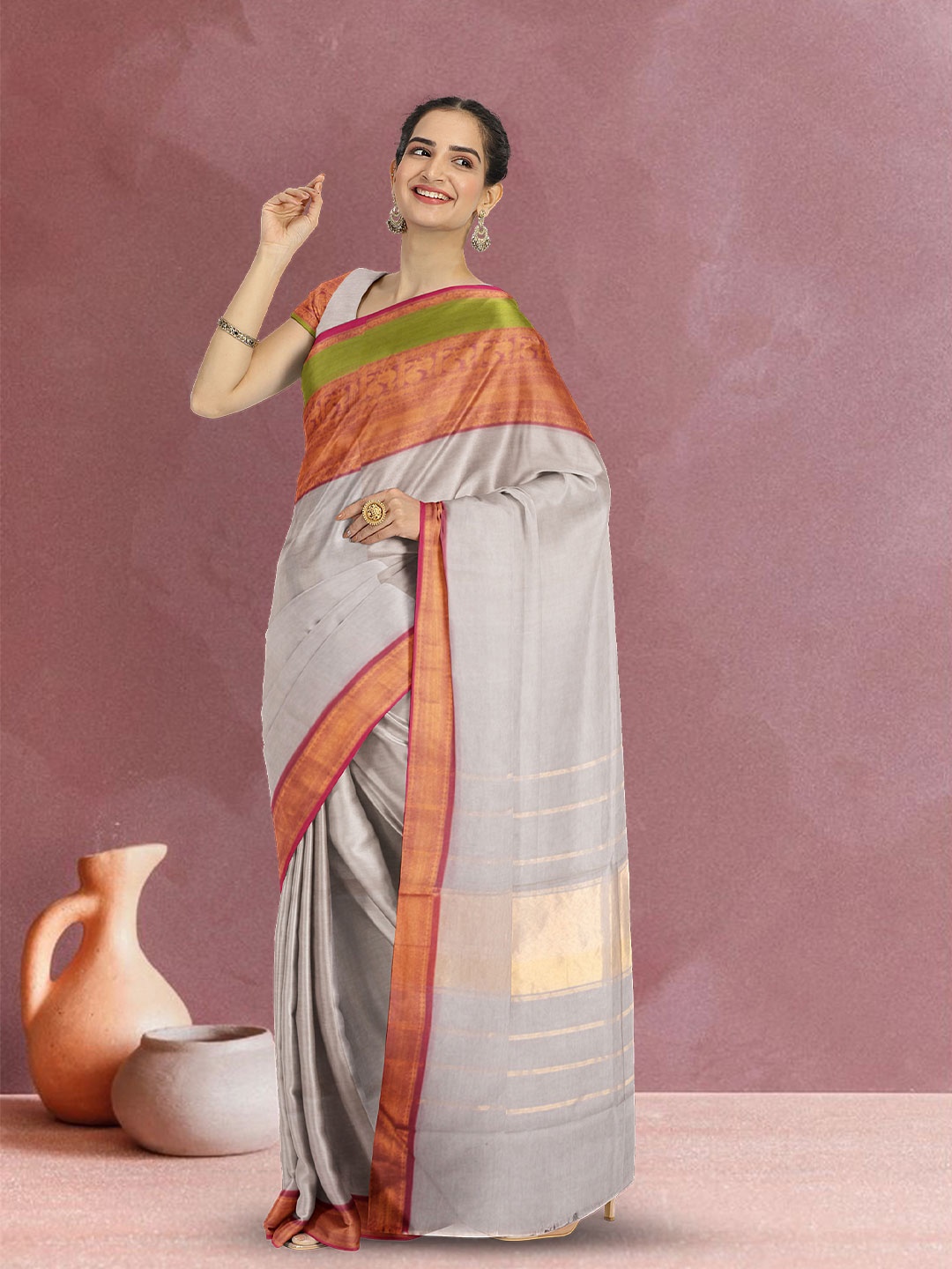 

Avishya Woven Design Zari Pure Cotton Kanjeevaram Saree, Grey