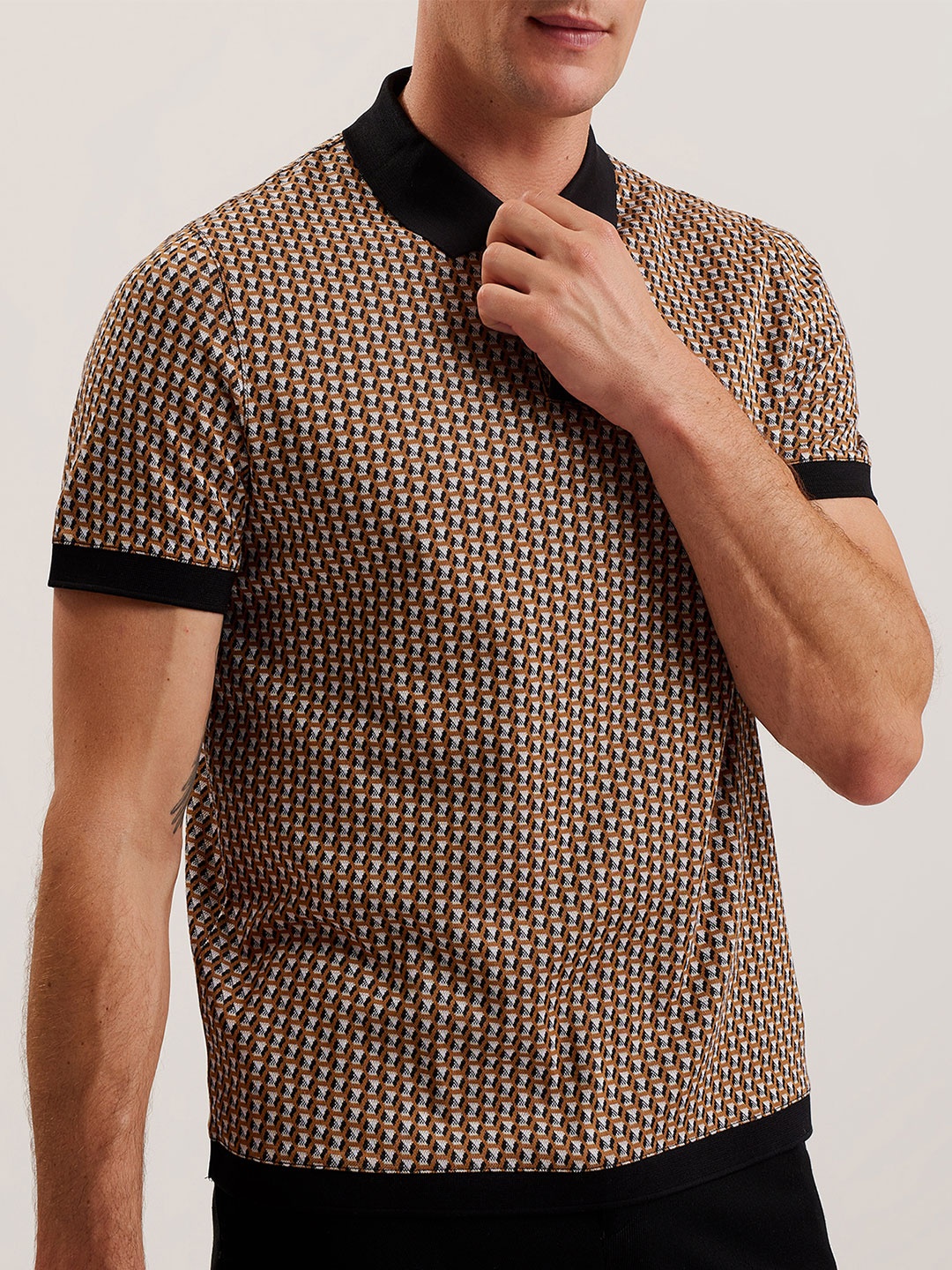 

Ted Baker Men Geometric Printed Polo Collar Cotton T-shirt, Brown