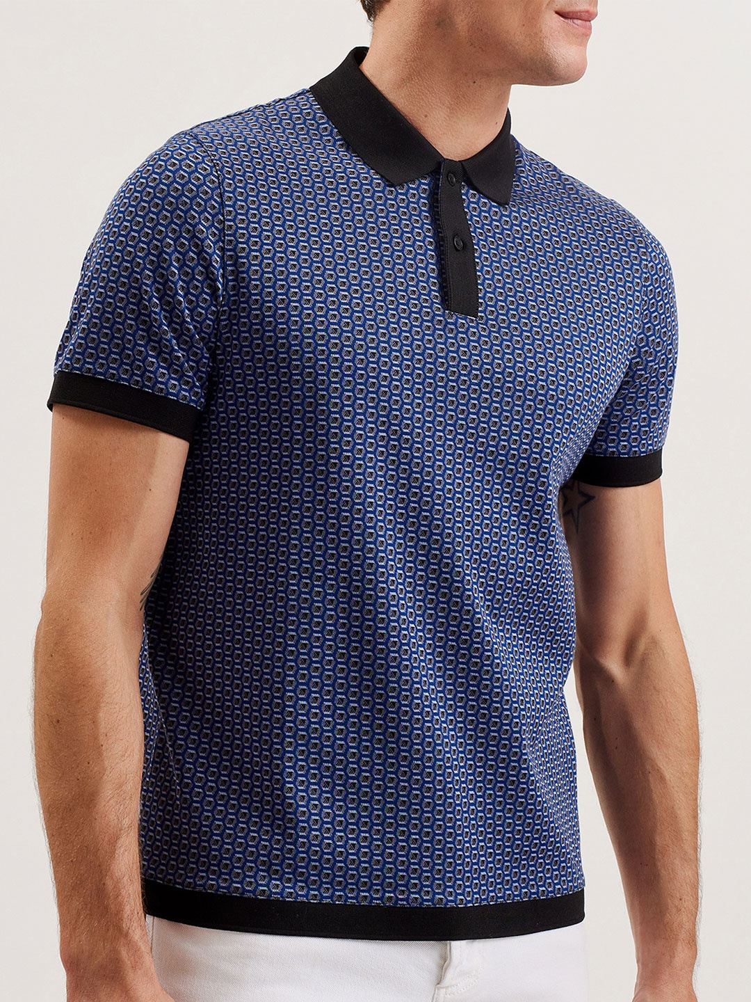 

Ted Baker Men Geometric Printed Polo Collar Cotton T-shirt, Blue