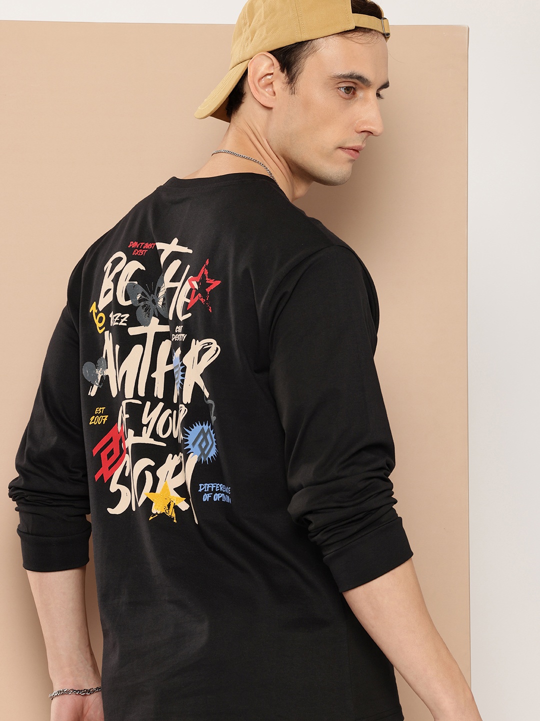 Difference of Opinion Men Printed Oversized Pure Cotton T-shirt, Black