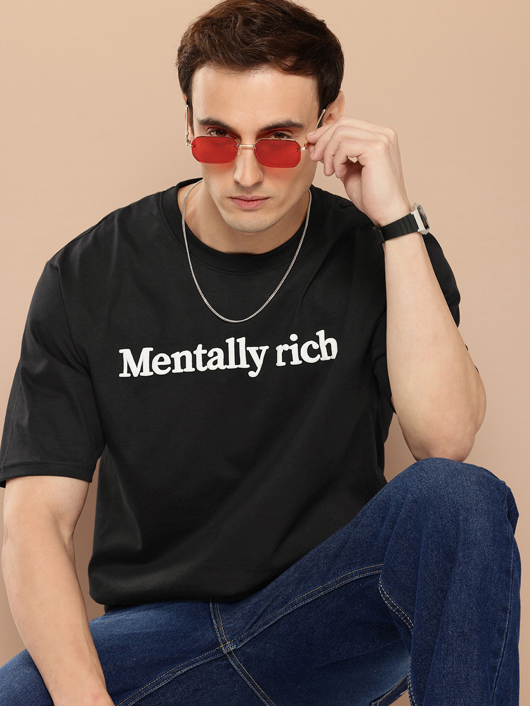 

Difference of Opinion Men Typography Oversized Printed Pure Cotton T-shirt, Black