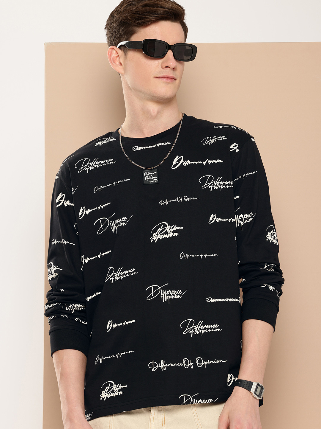 

Difference of Opinion Men Brand Logo Printed Pure Cotton Applique Oversized T-shirt, Black