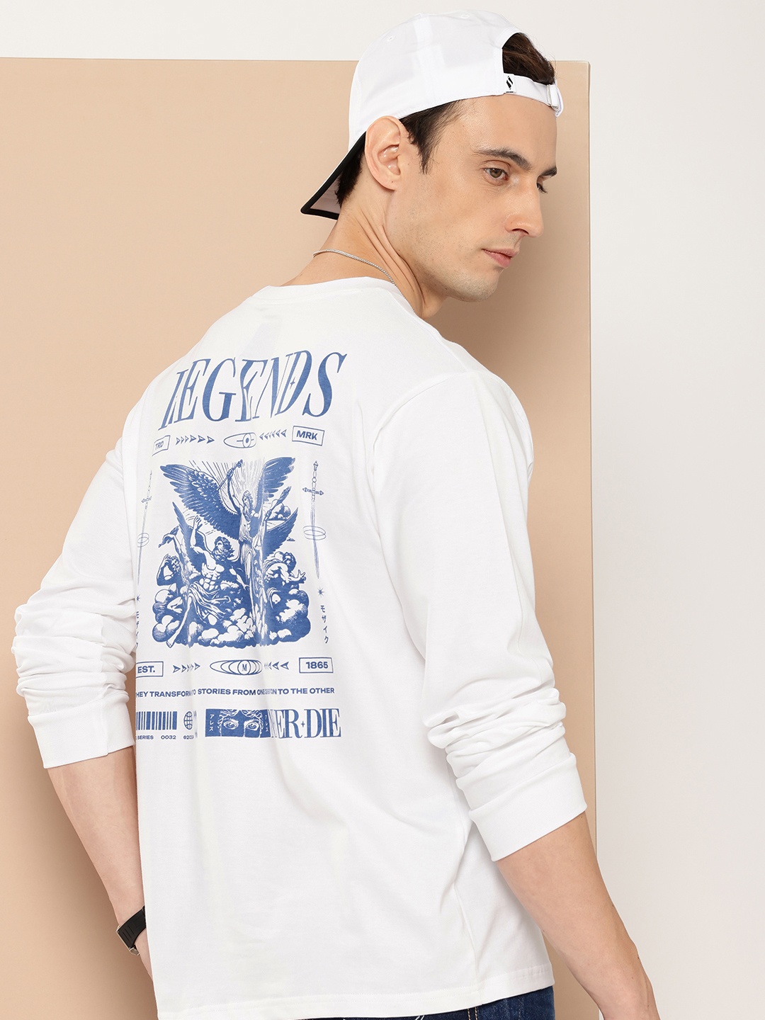 Difference of Opinion Men Printed Pure Cotton Applique T-shirt, White
