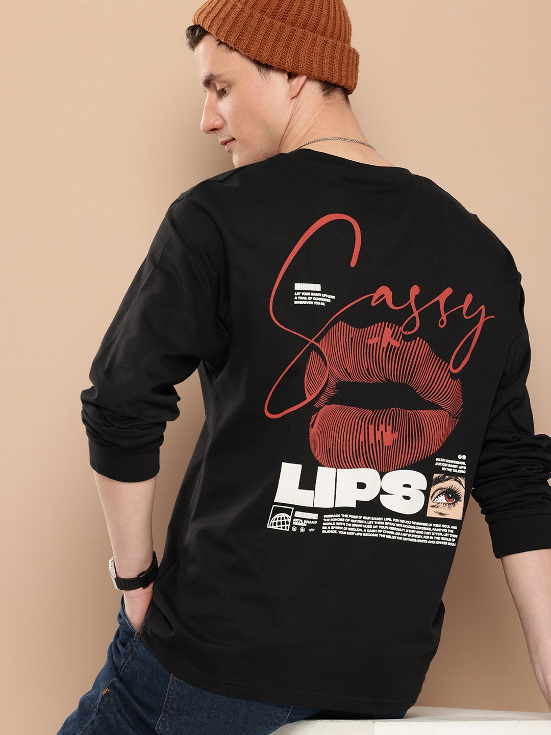 

Difference of Opinion Men Printed Oversized Pure Cotton T-shirt, Black