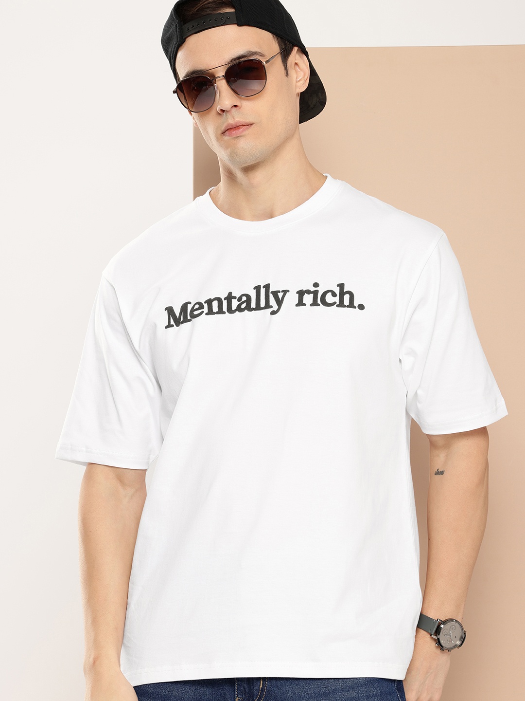 Difference of Opinion Men Printed Oversized Pure Cotton T-shirt, White