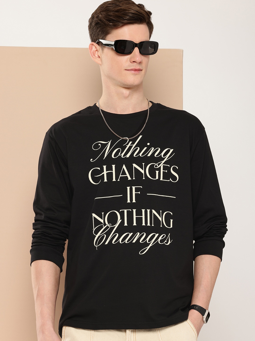 

Difference of Opinion Men Typography Printed Oversized Pure Cotton T-shirt, Black