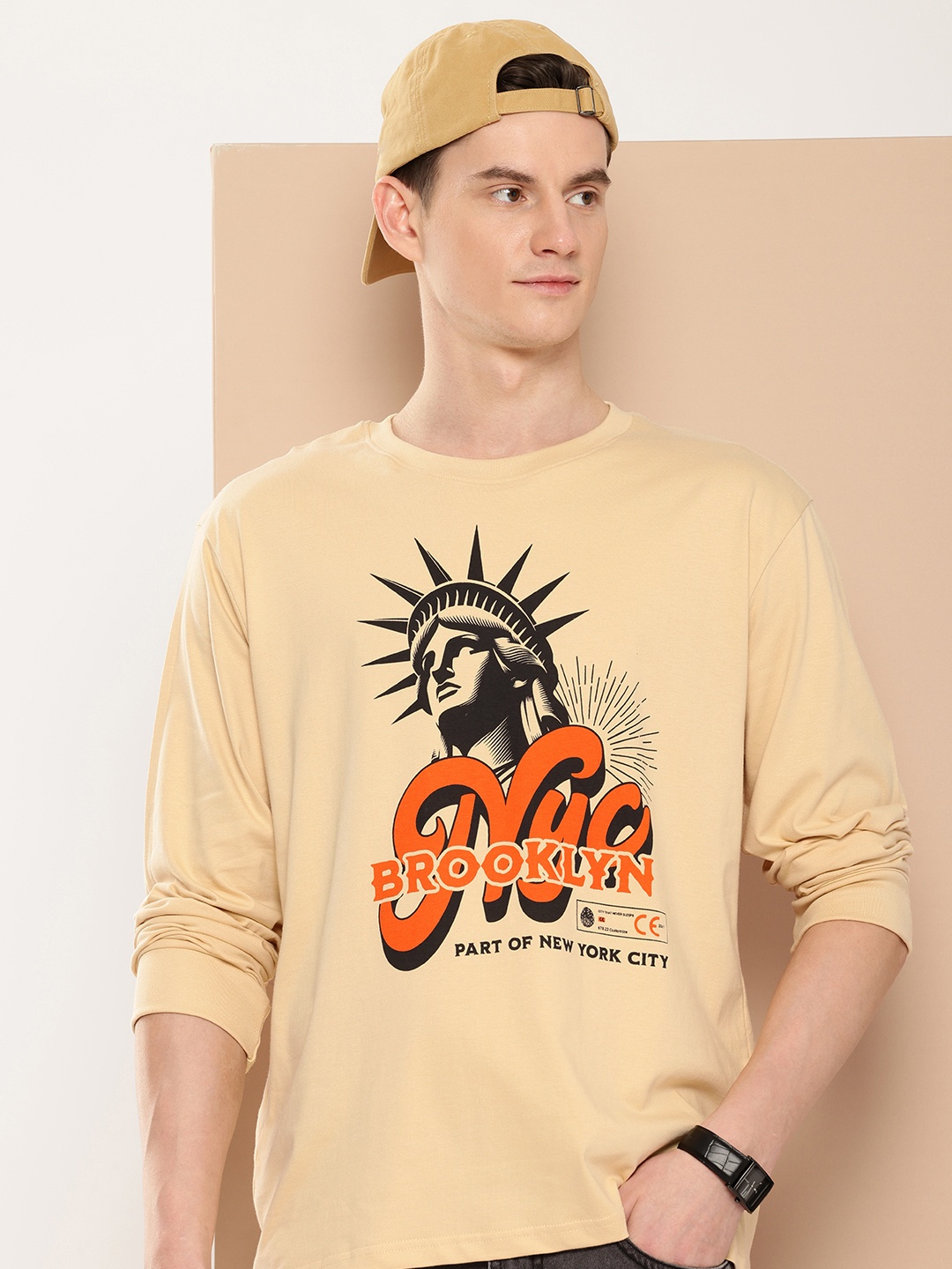 Difference of Opinion Men Printed Oversized Pure Cotton T-shirt, Beige