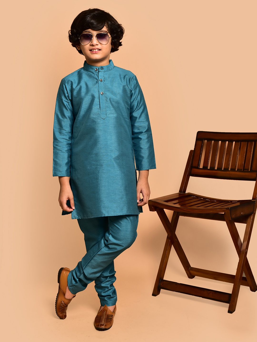 

PRINTCULTR Boys Mandarin Collar Straight Kurta with Pyjamas, Blue