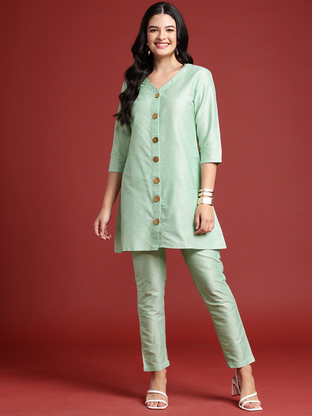 

Anouk Solid Tunic & Trousers Co-Ord Set, Green