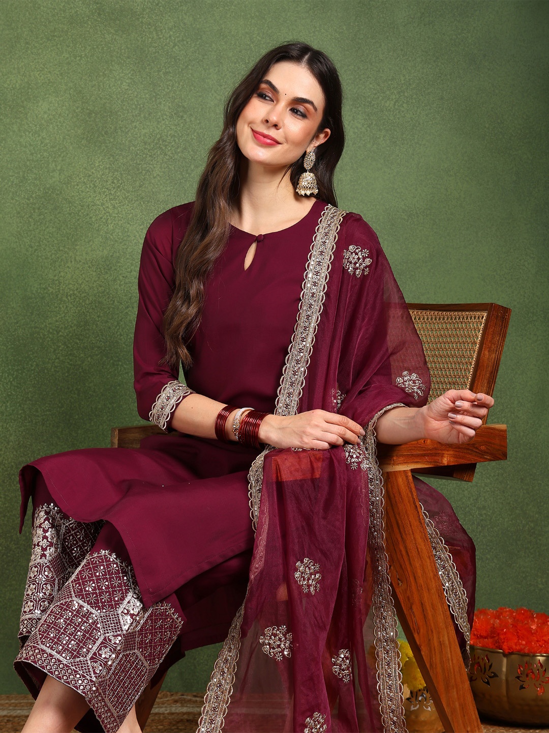 

KALINI Keyhole Neck Thread Work Straight Kurta With Palazzos & Dupatta, Burgundy