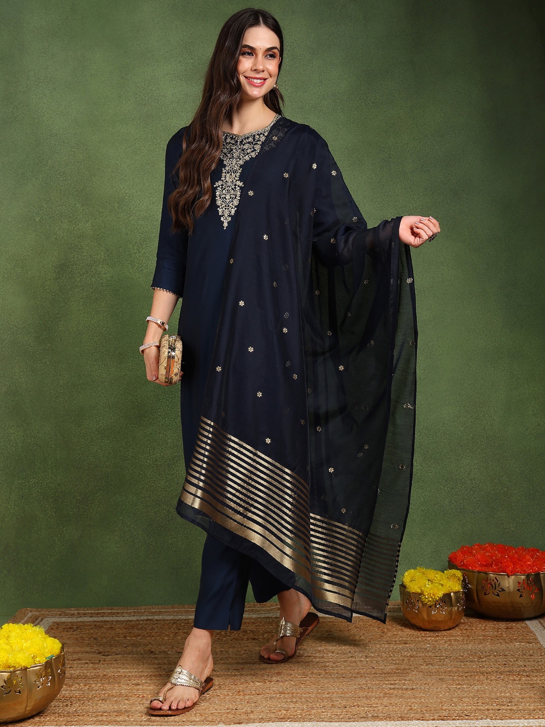 

KALINI Ethnic Motifs Embroidered Zari Straight Kurta With Trousers & Dupatta, Navy blue