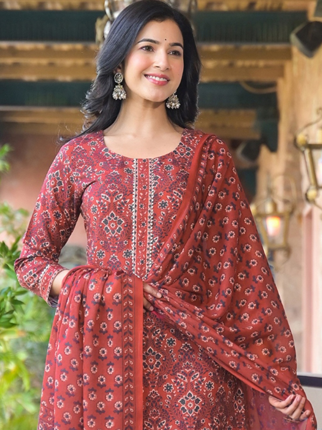 

KALINI Floral Printed Straight Kurta With Trousers & Dupatta, Red