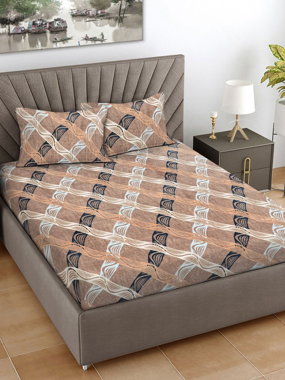 

FABINALIV Brown Geometric Woollen 300 TC Fitted King Bedsheet Set 2.50 m X 2.20 m
