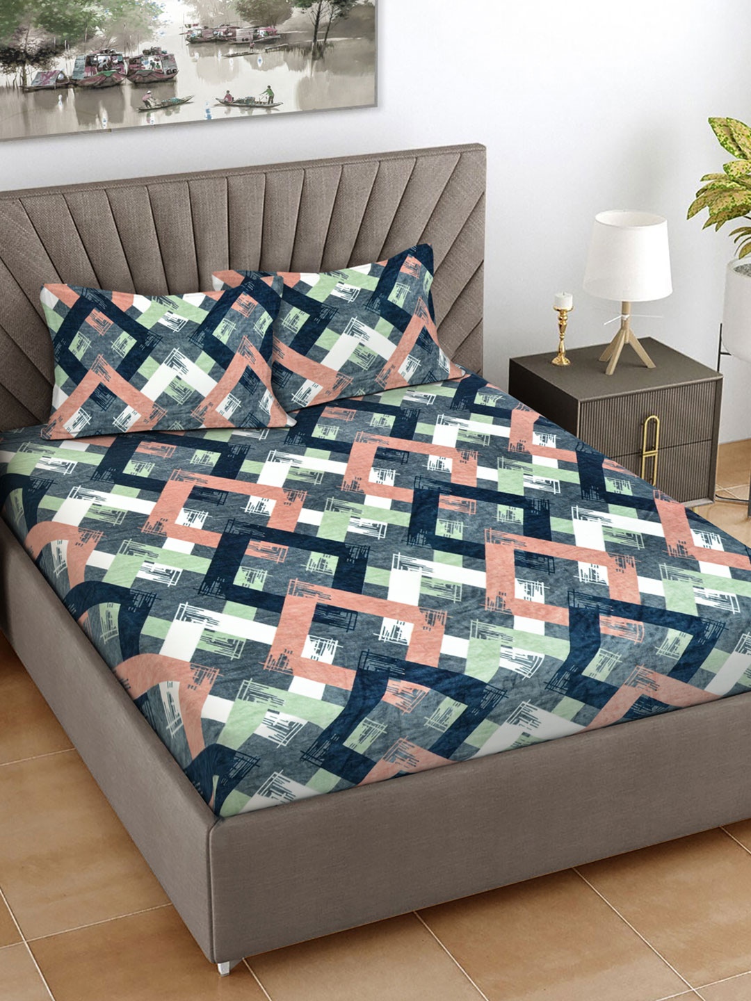 

FABINALIV Grey Geometric Woollen 300 TC Fitted King Bedsheet Set 2.50 m X 2.20 m