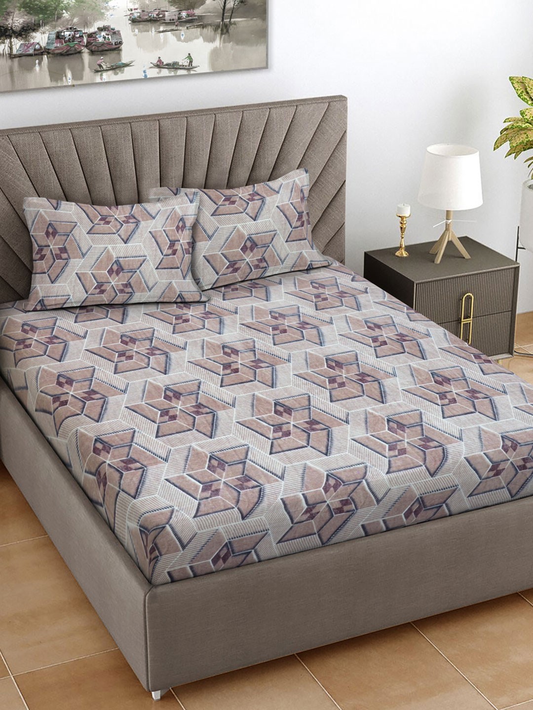

FABINALIV Brown Geometric Woollen 300 TC Fitted King Bedsheet Set 2.50 m X 2.20 m