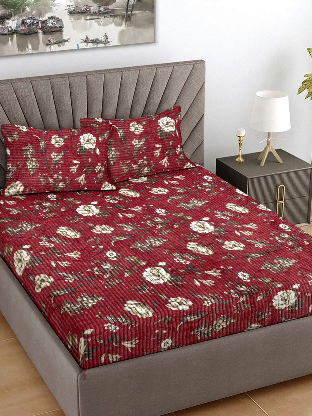 

FABINALIV Maroon Floral Woollen 300 TC Fitted King Bedsheet Set 2.50 m X 2.20 m