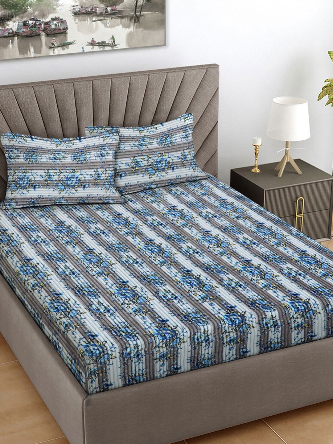 

FABINALIV Blue Floral Woollen 300 TC Fitted King Bedsheet Set 2.50 m X 2.20 m