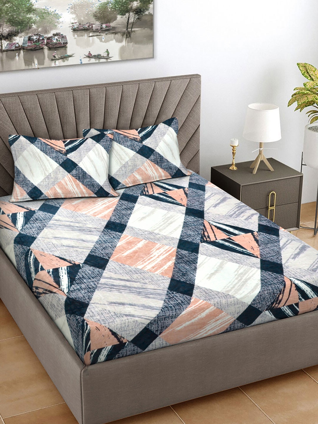 

FABINALIV White Geometric Woollen 300 TC Fitted King Bedsheet Set 2.50 m X 2.20 m
