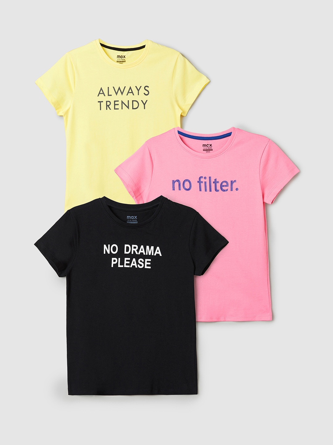 

max Girls Pack Of 3 Typography Printed Round Neck Cotton T-shirts, Black