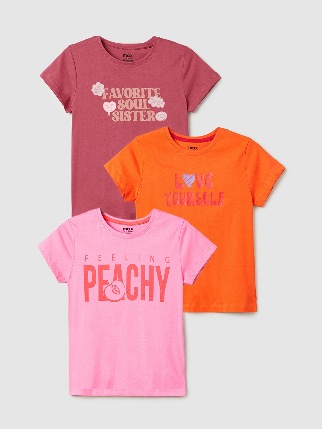 max Girls Pack Of 3 Typography Printed Round Neck Cotton T-shirts, Peach