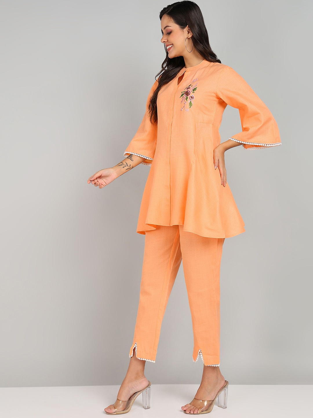 

Shiv ali apparels Women Mandarin Collar Tunic With Trousers Casual Co-Ords Set, Peach