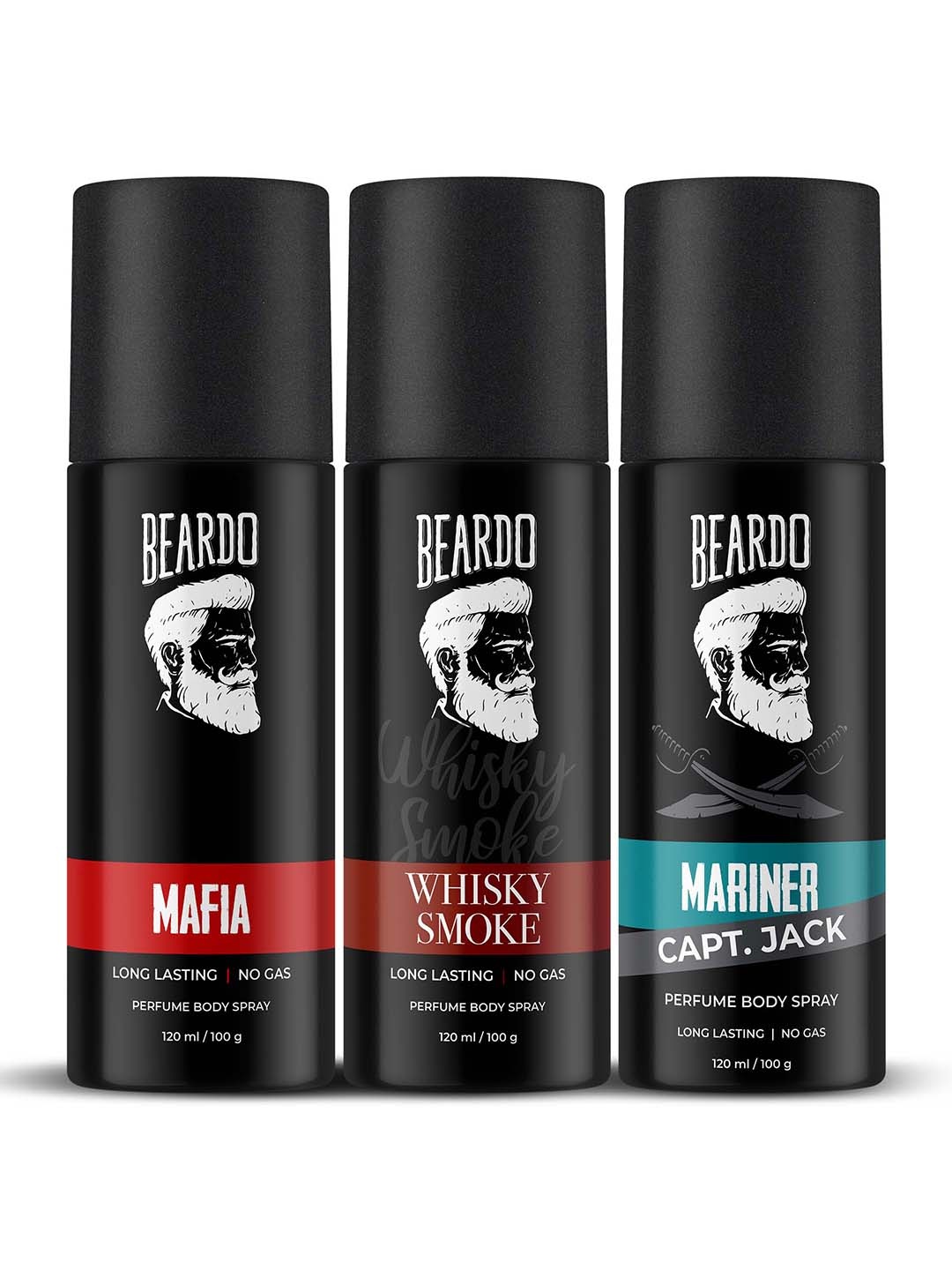 

BEARDO Men 3Pcs Perfume Body Spray Deo - Whiskey Smoke + Mafia + Mariner Captain Jack, Black