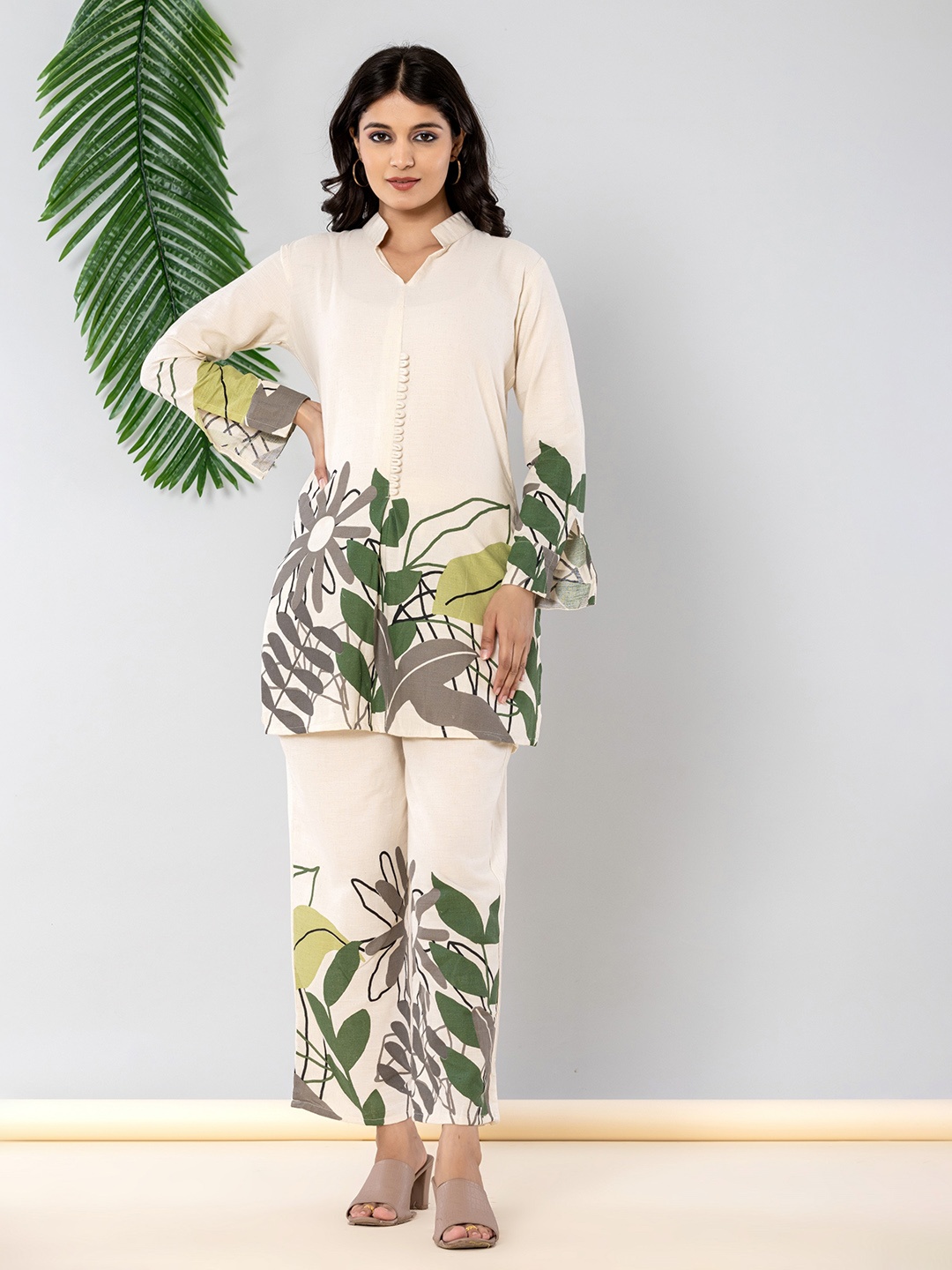 

JAIPURI BUNAAI Mandarin Collar Printed Tunic With Trouser, Off white