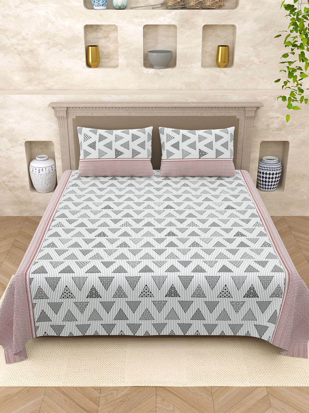 

Varde Elegant Selection Light Grey Geometric Cotton 210TC Queen Bedsheet Set 2.20m x 2.65m