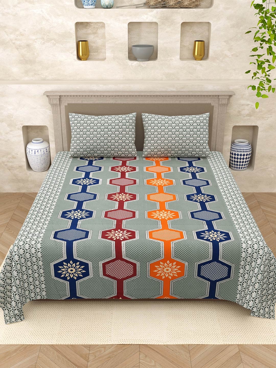 

Varde Elegant Selection Grey Floral Pure Cotton 210 TC Queen Bedsheet Set 2.20m x 2.65m